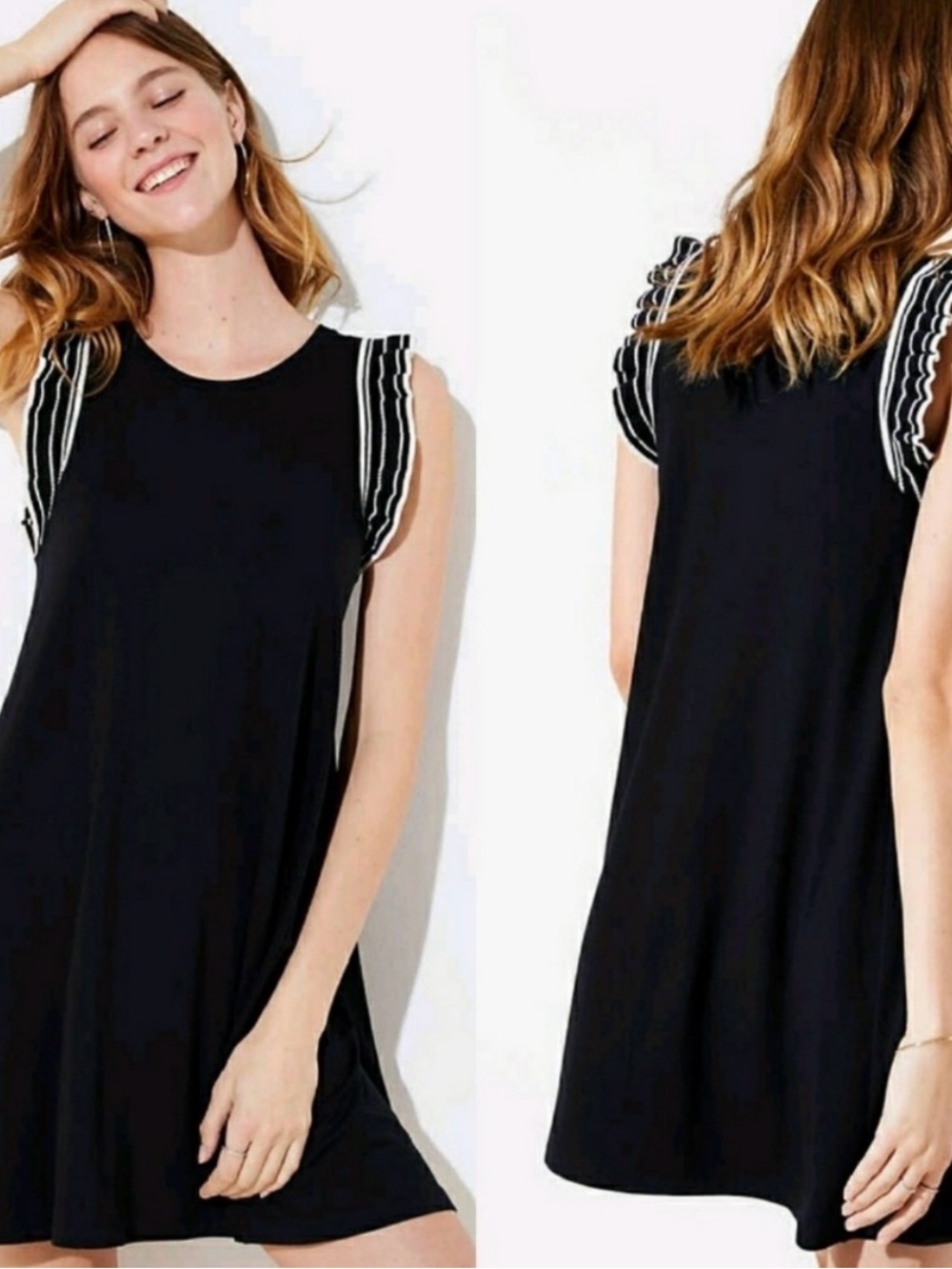 LOFT Black Ruffle Sleeve Swing Dress Size Large